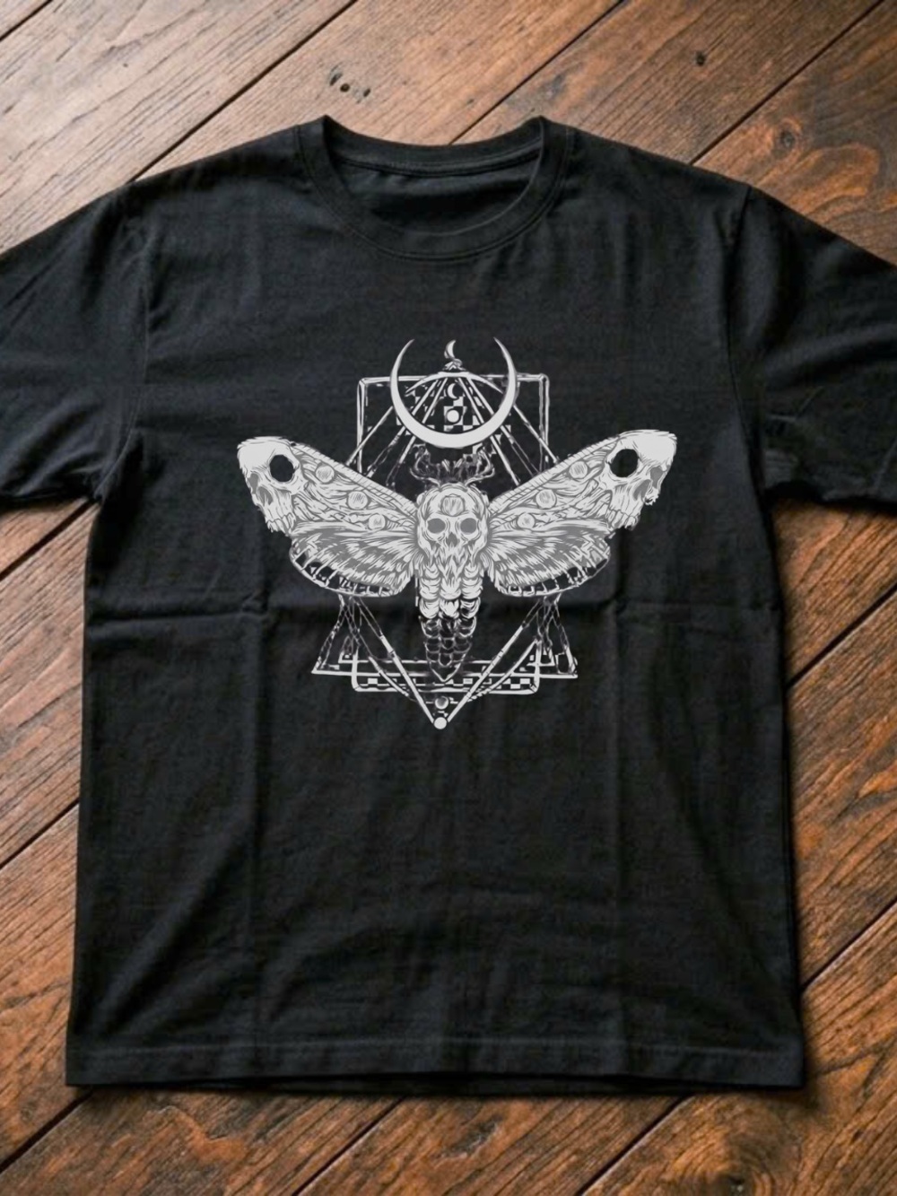 Gildan Black Short Sleeve Tee with White Moth Graphic